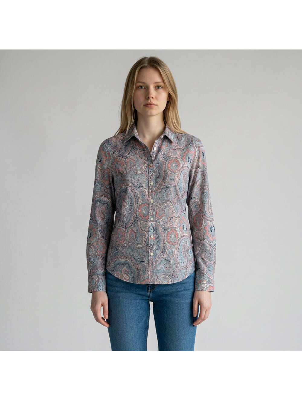 Talbots Shirt Women M Medium Blue Geometric Button Up Collared Long Sleeve